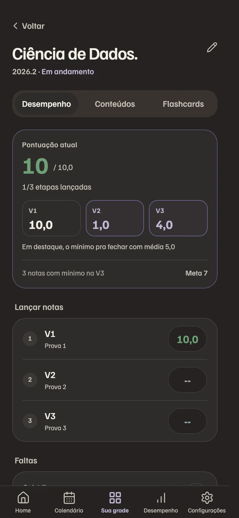 Disciplina no Alumny mostrando a nota que falta na próxima avaliação