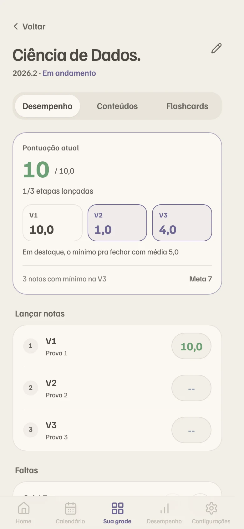 Disciplina no Alumny mostrando a nota que falta na próxima avaliação
