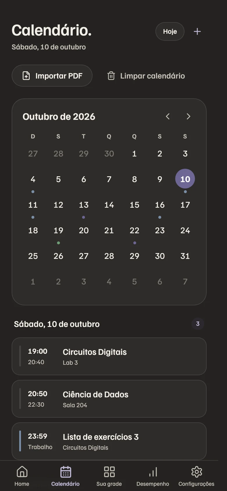 Calendário e entregas