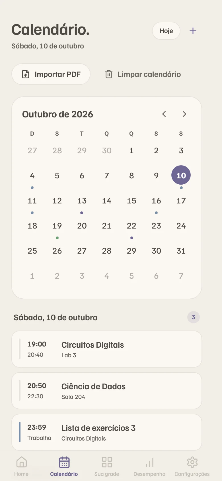 Calendário e entregas